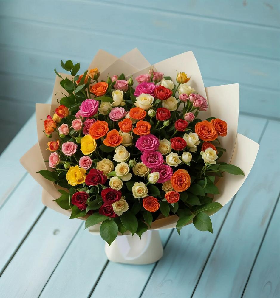 Букет Микс из разноцветных кустовых роз в Акулово