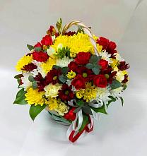 Цветочная композиция из Хризантемы и Розы в корзине в Акулово